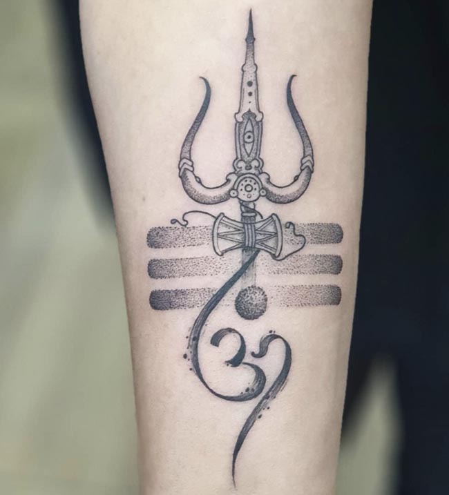 trishul third eye damru om tripundra background tattoo female forearm