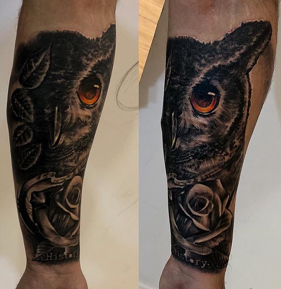 orange eye owl rose tattoo design male forearm