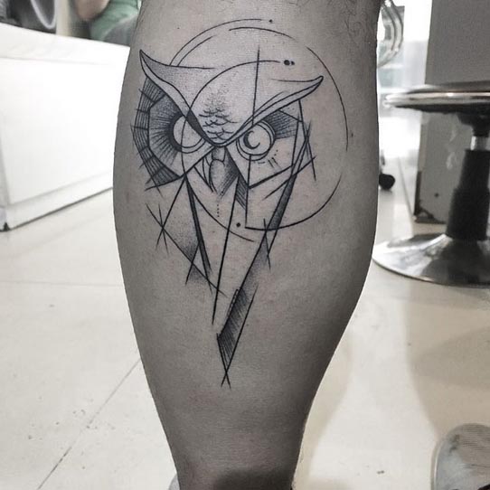owl geometric tattoo design male leg calf
