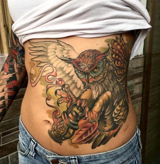 owl holding lantern tattoo design color female stomach