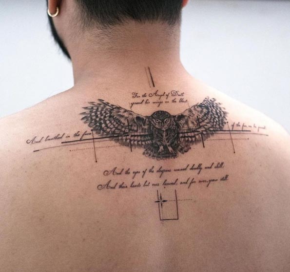 owl open wings quote geometric pattern tattoo design fine line male back