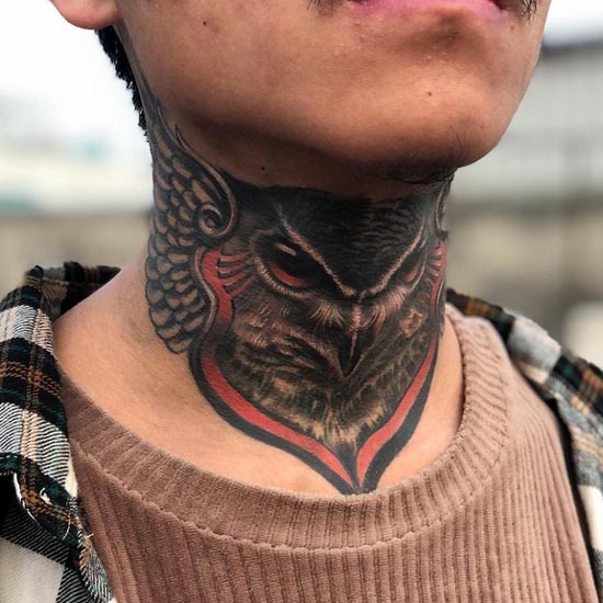owl tattoo design male neck black and red