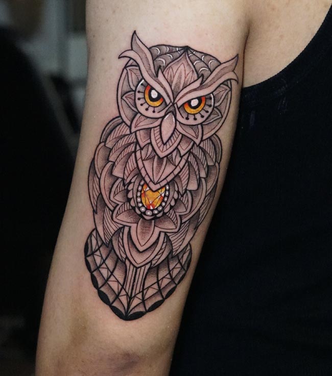 owl tattoo mandala style male tricep