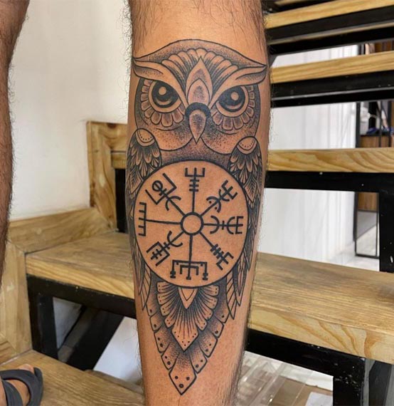 owl viking compass vegvisir tattoo design male leg calf
