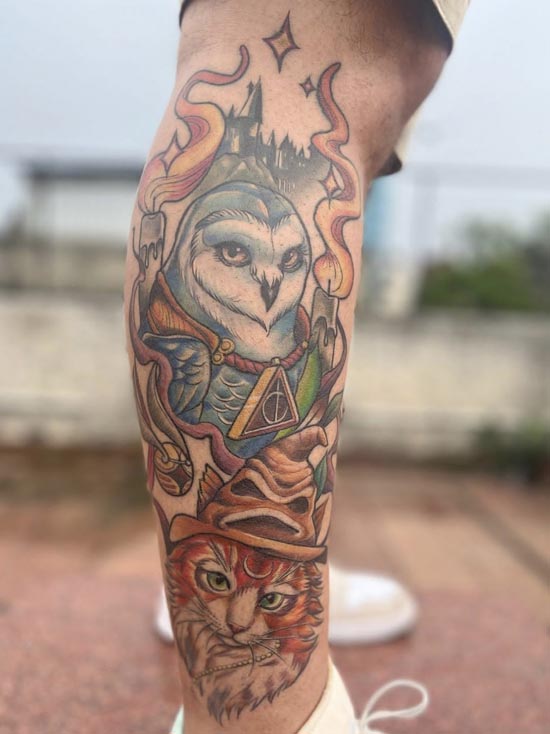 owl with candles cat tattoo design color male leg