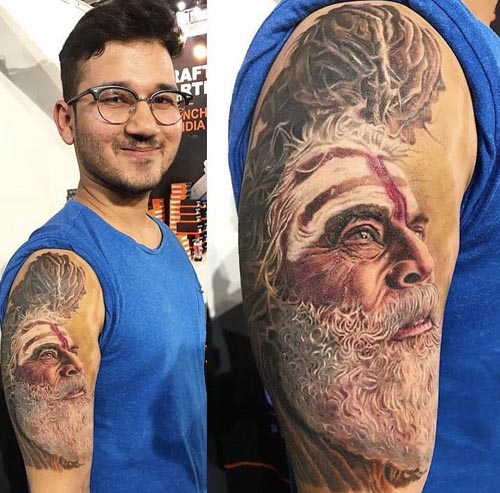 sadhu portrait tattoo on Bicep