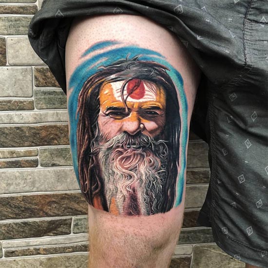 aghori sadhu baba tattoo design color male leg thigh