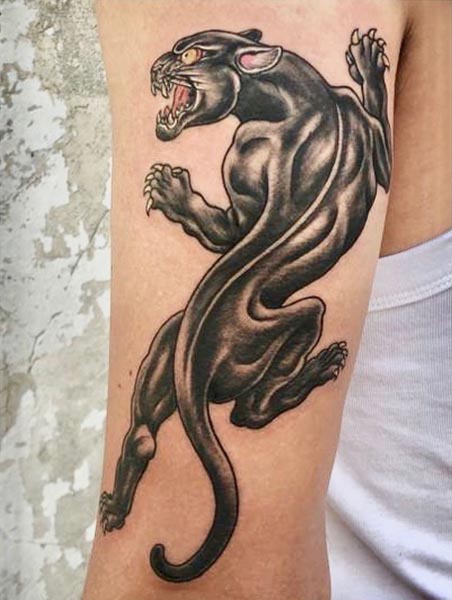 black panther tattoo design arm bicep black and grey