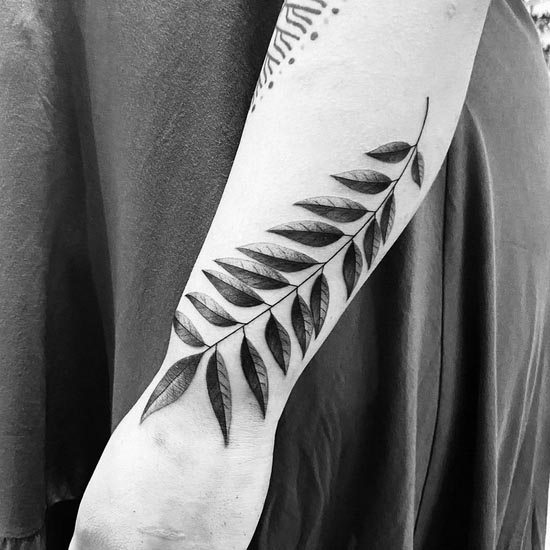 curry leaf tattoo design female hand forearm