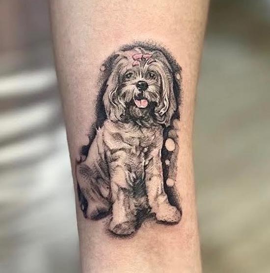 dog tattoo design male hand forearm black and grey