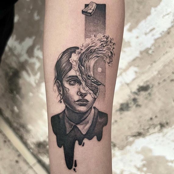 girl portrait wave boat and a panel tattoo design female forearm
