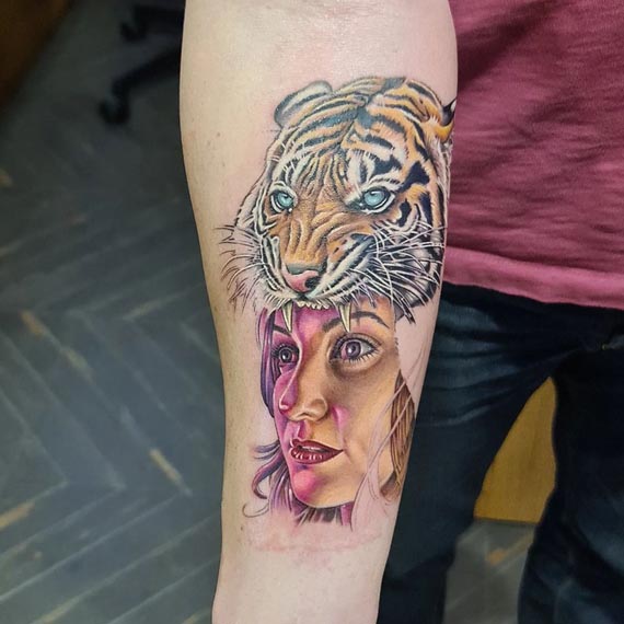 girl with tiger headdress tattoo design realistic male forearm
