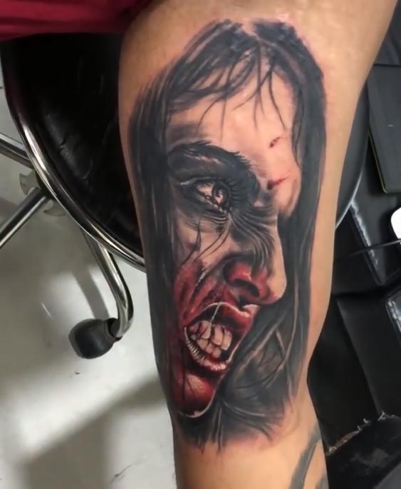 horror theme witch tattoo design male arm bicep