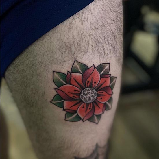 japanese cherry blossom flower green red tattoo male leg thigh