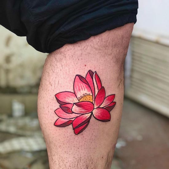 japanese lotus tattoo design red pink male leg new school