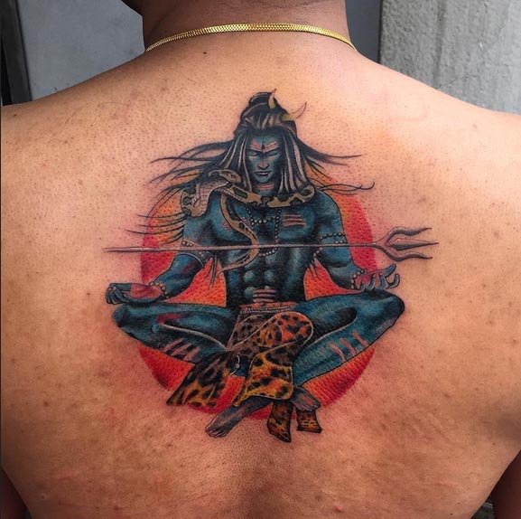 lord shiva with trishul tattoo design color male back