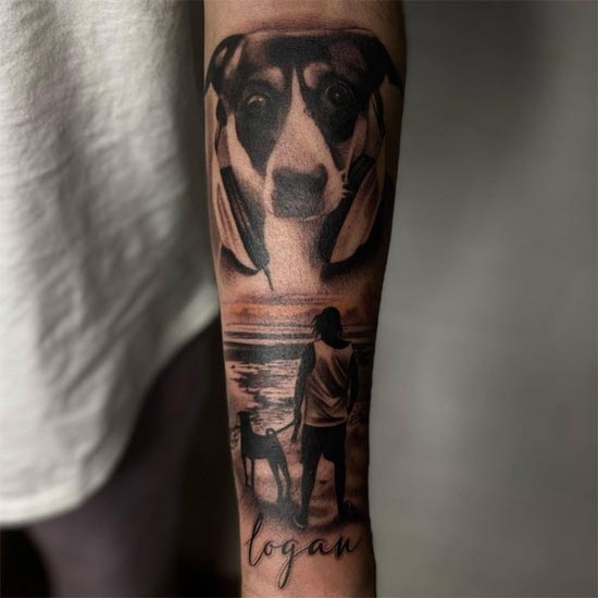 memory dog name logan tattoo design male hand forearm