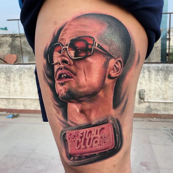 movie fight club brad pitt portrait tattoo design color male thigh