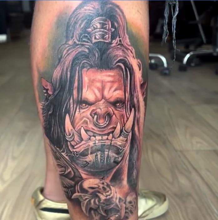 movie warcraft tattoo design male leg