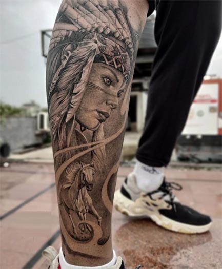 native american women horse tattoo design male leg sleeve