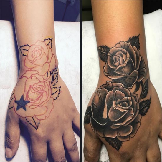 coverup star with 2 roses tattoo black and grey girl hand
