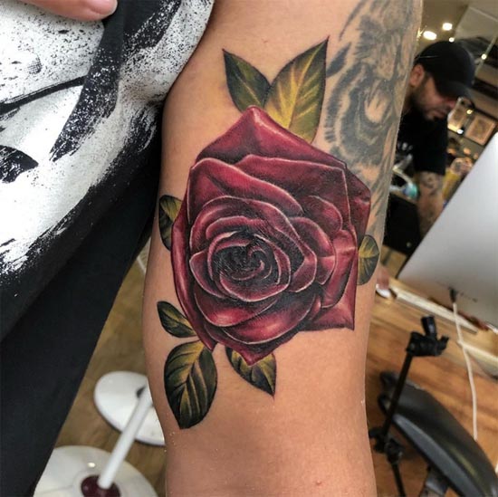 dark red rose with green leaves tattoo design female arm bicep