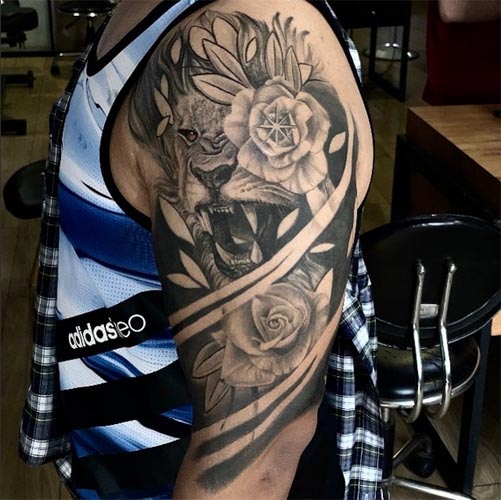 lion rose tattoo male shoulder bicep