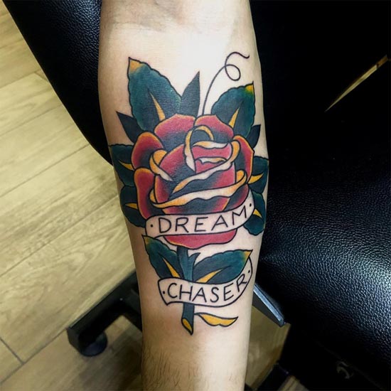 old school rose quote dream chaser tattoo hand forearm