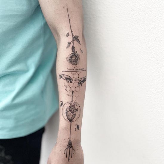 rose adam hands heart 5 points trident fine line geometric points tattoo man arm