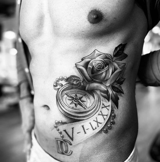 rose compass tattoo roman numbers design male side stomach