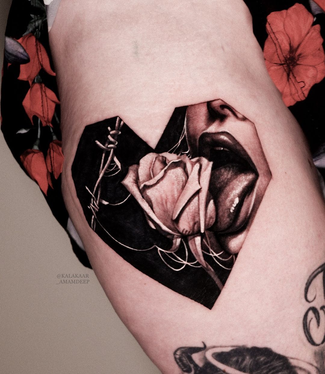 rose lady face barbed wire in heart shaped panel tattoo female forearm