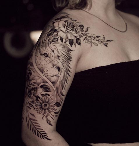 rose lion sunflower tattoo design female shoulder bicep