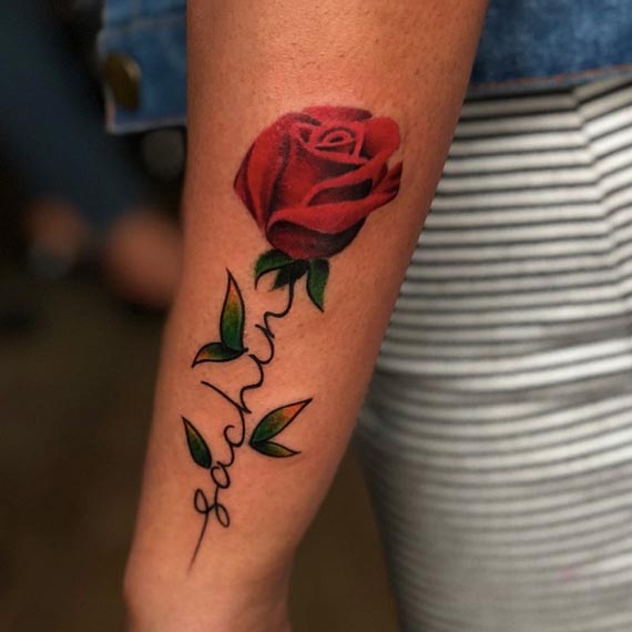 rose with name as stem tattoo design name sachin female hand forearm