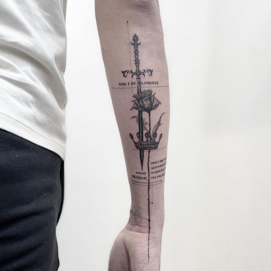 sword lily crown geometric pattern tattoo fine line male forearm