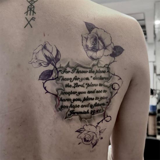 touch up rose quote tattoo design male back shoulder