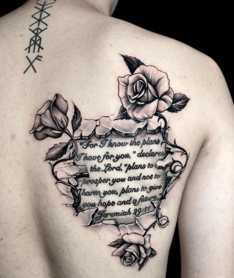 touch up rose quote tattoo design male back shoulder