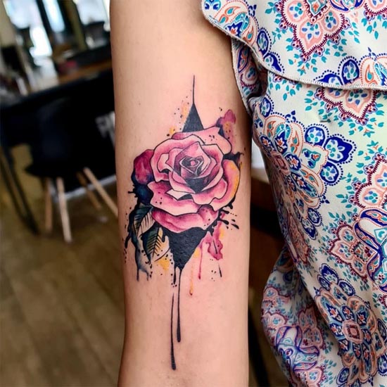 watercolor abstract rose tattoo design female hand bicep