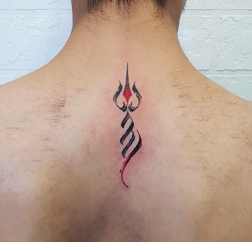 simple trishul tattoo on back neck