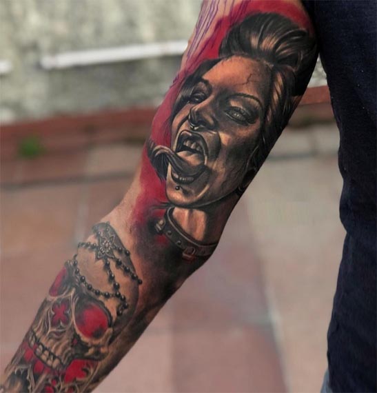 devil girl gothic skull tattoo design black and red male full sleeve