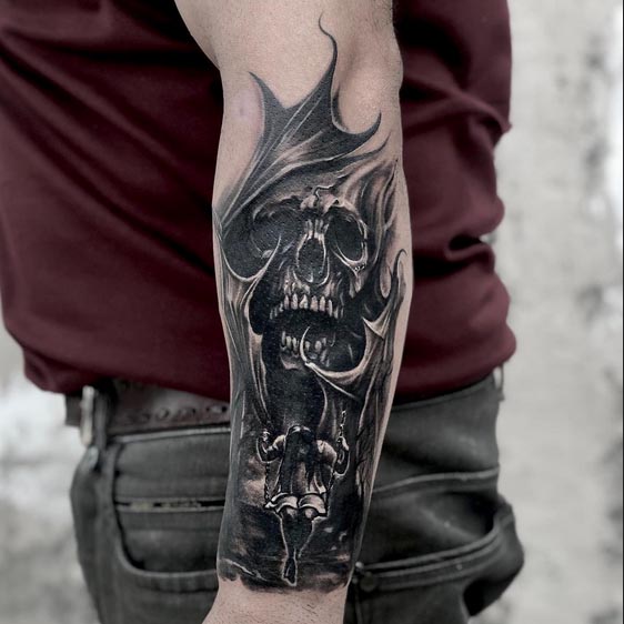 horror theme skull with girl on swing tattoo idea half sleeve male