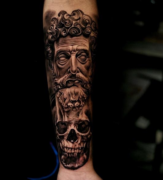 marcus aurelius skull tattoo remembering death man forearm