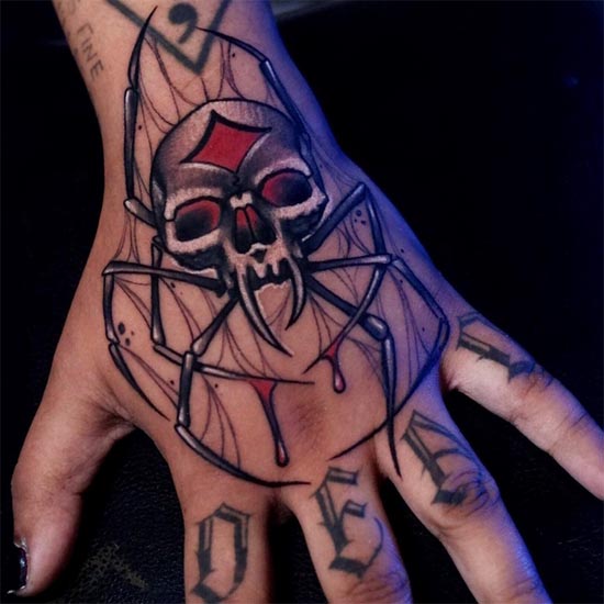skull as spider head tattoo design female hand