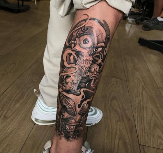 skull mushroom psychedelic tattoo design leg sleeve