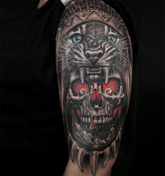 skull tiger headdress tattoo design male arm bicep