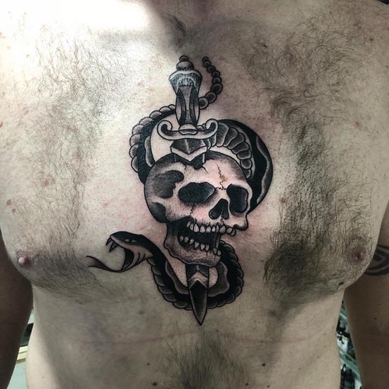 snake skull dagger tattoo design male chest