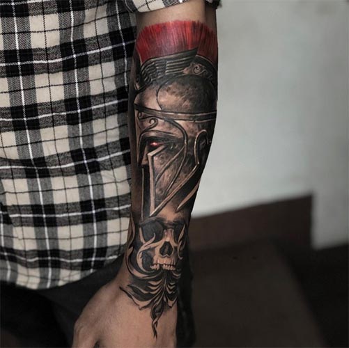 spartan warrior skull tattoo design male forearm 1