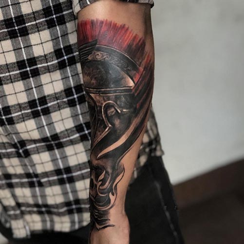 spartan warrior skull tattoo design male forearm 2