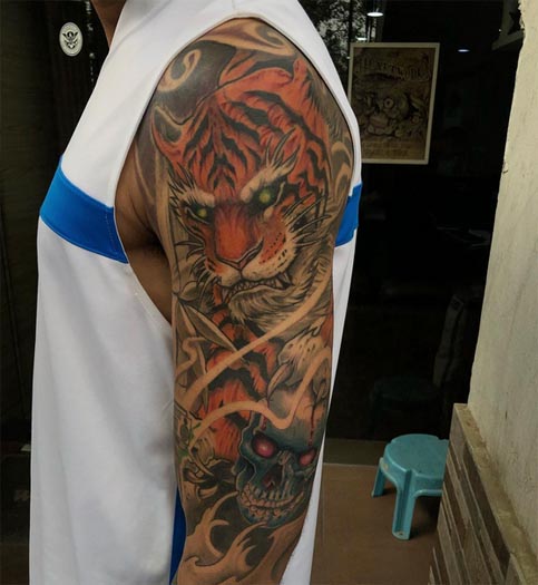 tiger skull tattoo half sleeve tattoo color male 3/4 sleeve