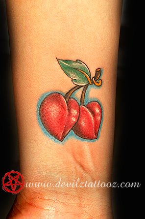 cherry hearts color tattoo ladies