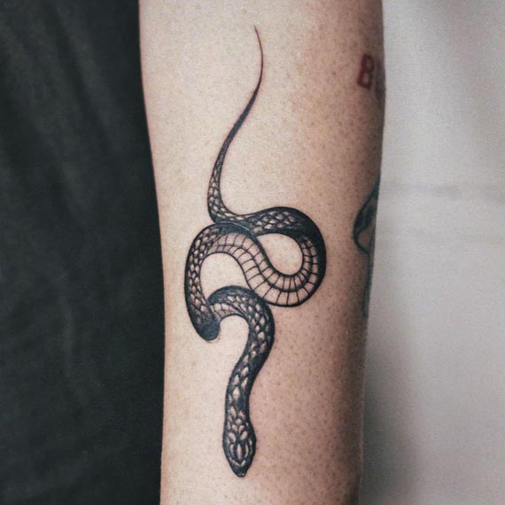 snake black and grey tattoo male hand forearm